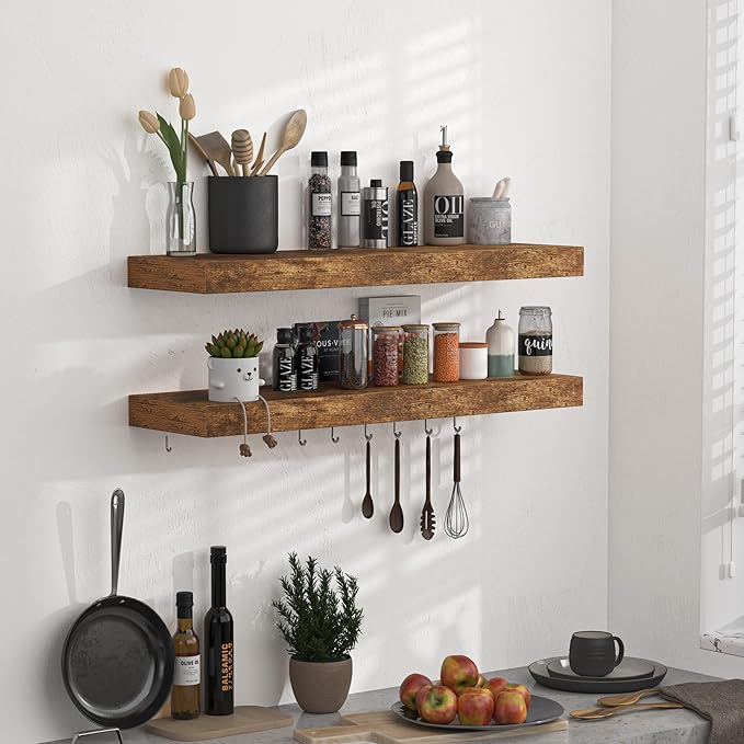 Floating Shelves - 2 Pack 9 Inch Rustic Wooden Wall Shelves - Extra Deeper & Thicker Wall Mounted Storage Shelf for Living Room, Kitchen, Farmhouse - 24" W x 9" D x 1.6" H - Rustic Brown-Ruum Studio Home