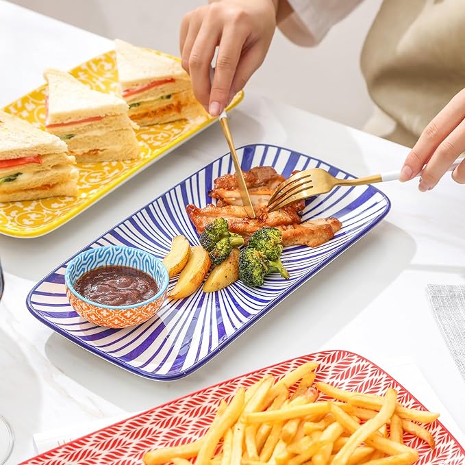 Selamica Ceramic Rectangular Serving Platters Set of 4, 12 Inch Serving Trays/Dishes for Party Entertaining, Rectangular Dinner Plates for Appetizer Salad Dessert Sushi, Assorted Colors-Ruum Studio Home