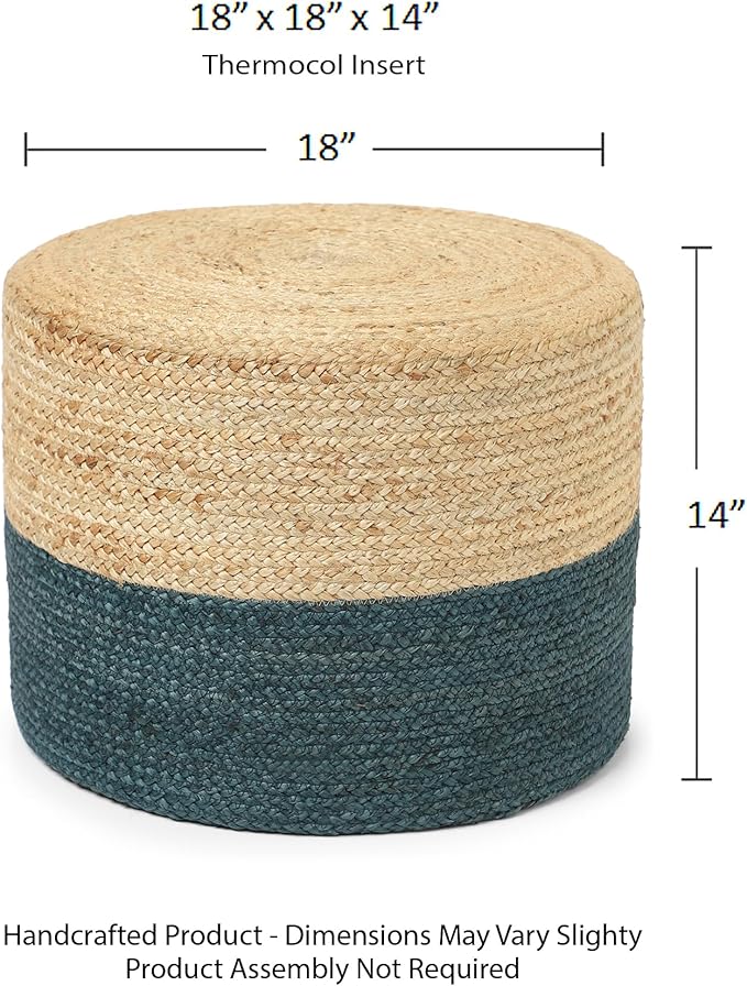 REDEARTH · Cylindrical Pouf Foot Stool Ottoman - Jute Braided Pouffe Poof Accent Sitting Footrest for Living Room, Bedroom, Nursery, Patio, Lounge & Other Rooms (Natural Teal, 18"x18"x14")-Ruum Studio Home
