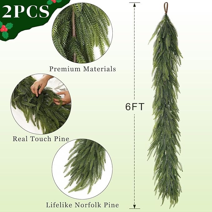 6FT Christmas Norfolk Pine Garland -2PCS, Artificial Pine Needles Garlands Faux Greenery Fake Garland for Holiday Fireplace,Table,Window,Stairs,Mante,Indoor Outdoor Decor-Ruum Studio Home