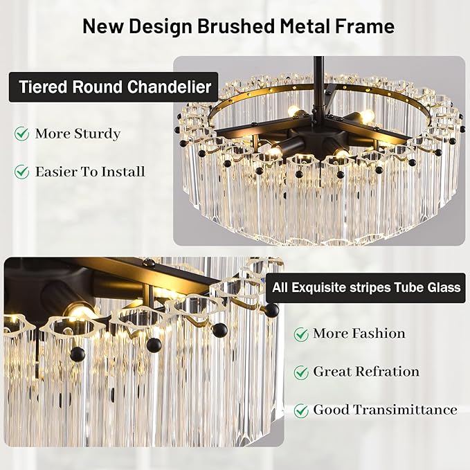 Modern Clear Glass Chandelier, 14" Round Crystal Dining Room Chandelier, Small Black Pendant Light Hanging Fixture for Bedroom, Kitchen Island Light Dimmable Ceiling Lighting Chandeliers for Bathroom-Ruum Studio Home