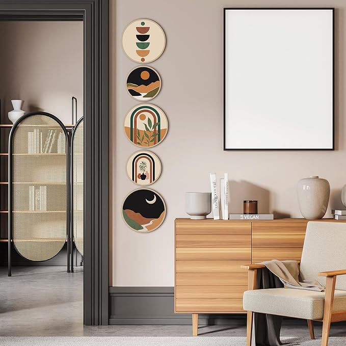 Qunclay 5 Pcs Wall Art Decor Wooden Living Room Wall Decor Bohemian Hanging Farmhouse Geometric 10'' and 8'' Aesthetic Wood Minimalist Posters for Bedroom(Sunset)-Ruum Studio Home