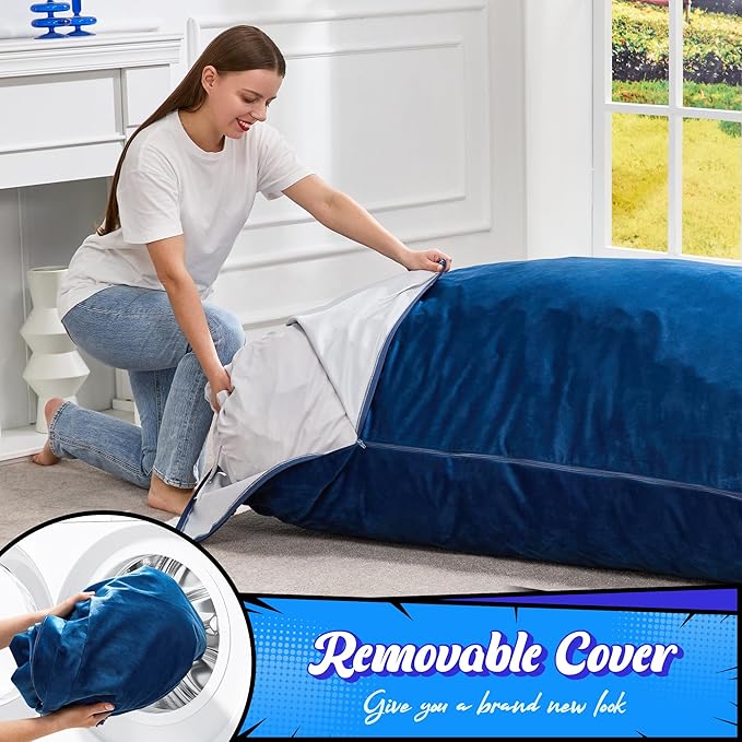 Hobestluk 3 in 1 Bean Bag Chair Giant Bean Bag Chairs for Adults with Velvet Cover Convertible Bean Bag Floor Cushion with Machine Washable Cover for Living Room (Velvet Blue)-Ruum Studio Home
