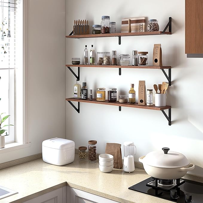 Heimlove Floating Shelves for Wall, 36 Inch Long Wood Floating Bookshelf Set of 3, Wall Mounted Hanging Shelf for Bathroom Bedroom Kitchen, Walnut-Ruum Studio Home