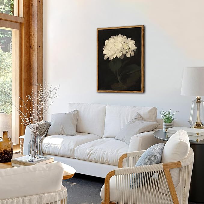 Framed Wall Art for Living Room – Vintage White Hydrangea Oil Painting Canvas Prints, Aesthetic Bedroom Wall Art, Kitchen Decor for Shelves, Bathroom Office Artwork Wall Decor – 12x16in-Ruum Studio Home