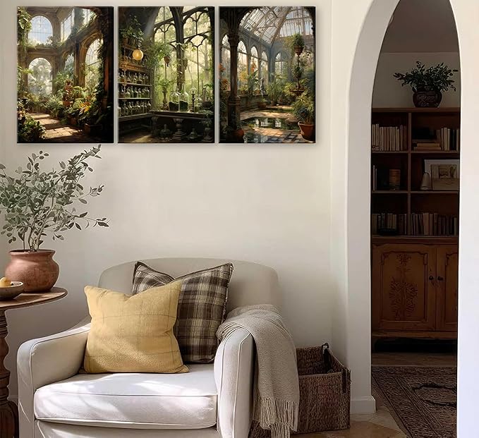 3pcs Framed William Morris Green Plants Canvas Wall Art Medieval Castle Posters Prints Gothictalian Landscape Painting Pictures Paintings Wall Decor for Living Room Bathroom Bedroom Decoration-Ruum Studio Home