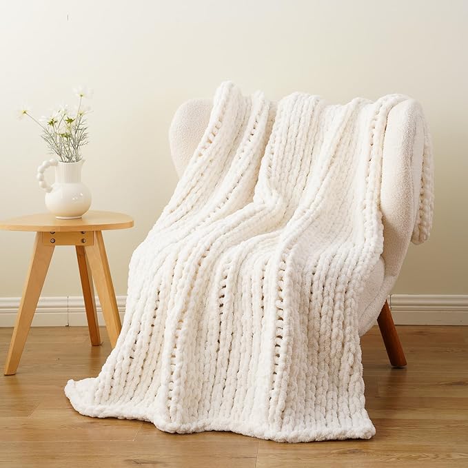 Battilo Chunky Knit Throw Blanket, Soft and Thick Chenille Throw Blanket, 50"x60" Handmade Cable Knit Crochet Blanket, Large Rope Knot Throw Blankets for Couch Sofa Bed Home Decor, Cream-Ruum Studio Home