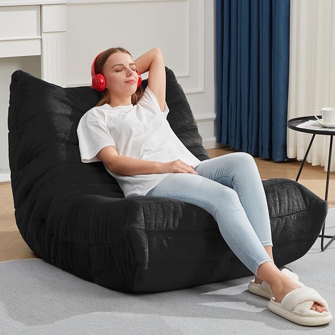 Bean Bag Chairs for Adults Giant Bean Bag Chair Memory Foam BeanBag Chair Big Bean Bag Sofa with Filler Faux Fur Fireside Beanbags Lazy Sofa for Living Room Bedroom Dorm Office (Black Plush)-Ruum Studio Home