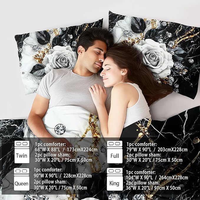 Marble Floral Comforter Set for Queen Bed Women,Vintage Flower Bedding Set Queen,White and Black Comforter Rose Quilt for Girls,Rose Bedding Floral Bedroom Decor Adults-Ruum Studio Home