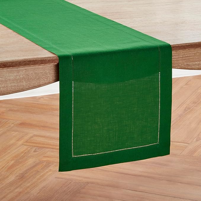 Solino Home Linen Garden Green Table Runner 108 Inches Long - 100% Pure Linen Hemstitch 14 x 108 Inch Table Runner for Dining - Classic Hemstitch-Ruum Studio Home
