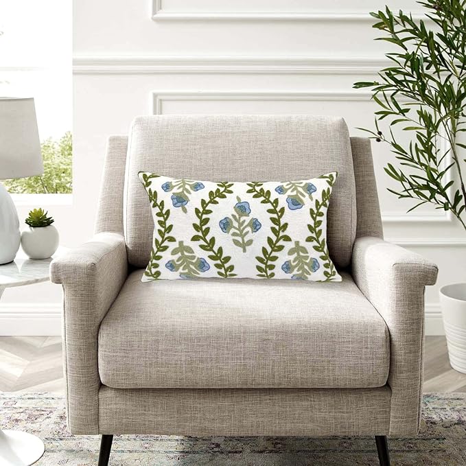 Alysheer Summer Floral Embroidered Decorative Throw Pillow Cover 12"x 20", Farmhouse Blue Flowers Green Leaves Patterned Cotton Canvas Lumbar Cushion Case for Sofa Couch Living Room Cottage Decor-Ruum Studio Home