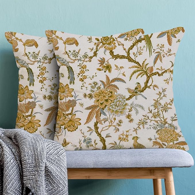 CXMEIFLY Summer Floral Birds Pillow Covers 16 x 16 Inch Set of 2 for Chinoiserie Flowers Spring Decor Throw Pillows Mustard Yellow Plant Outdoor Decorative Cushion Cases for Couch Bed Decorations-Ruum Studio Home