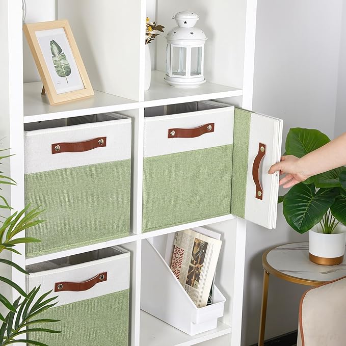 HNZIGE Fabric Storage Cubes for Shelves Set of 4 ,Storage Cubes Baskets 12 x12, Decorative Storage Bins Basket with Handles, Green Baskets for Organizing Home Nursery(Green White)-Ruum Studio Home