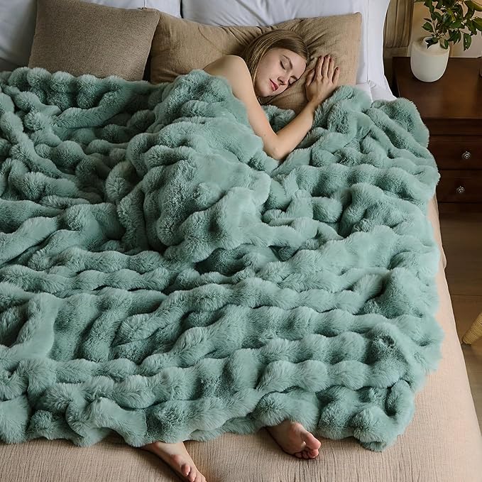 Lotus Karen Faux Fur Throw Blanket Sage Green - Big Bubble Rabbit Fluff Blanket for Couch Bed Sofa,Softest Fluffy Fuzzy Cozy Blanket,Plush Thick Furry Shaggy Warm Blankets for Women,90x90 Inches-Ruum Studio Home