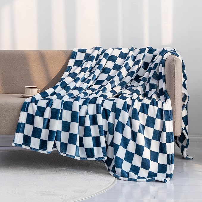 LOMAO Throw Blankets Flannel Blanket with Checkerboard Grid Pattern Soft Throw Blanket for Couch, Bed, Sofa Luxurious Warm and Cozy for All Seasons (Navy, 50"x60")-Ruum Studio Home
