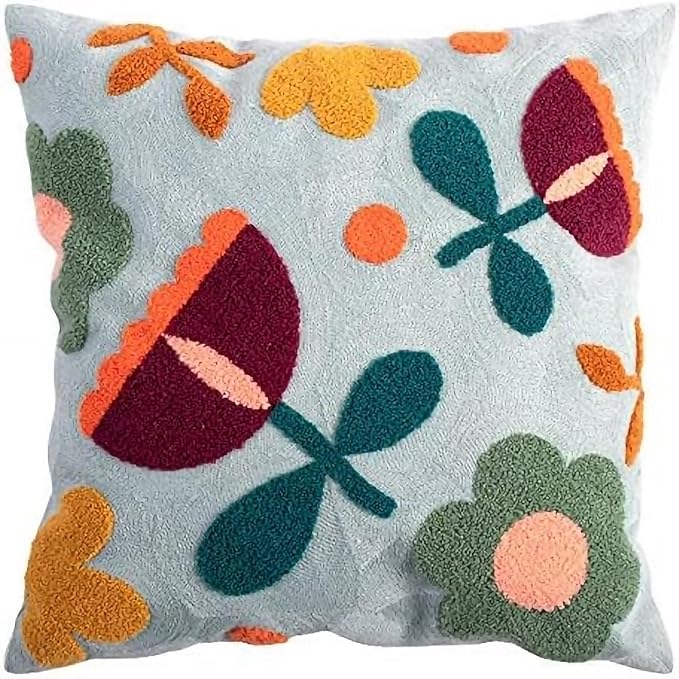 MOCOFO Canvas Embroidered Throw Pillow Cover with Flower Spring Embroidery Craft Modern Simple Sofa Office Pillow Pillow Case (Flower, 18x18’’)-Ruum Studio Home