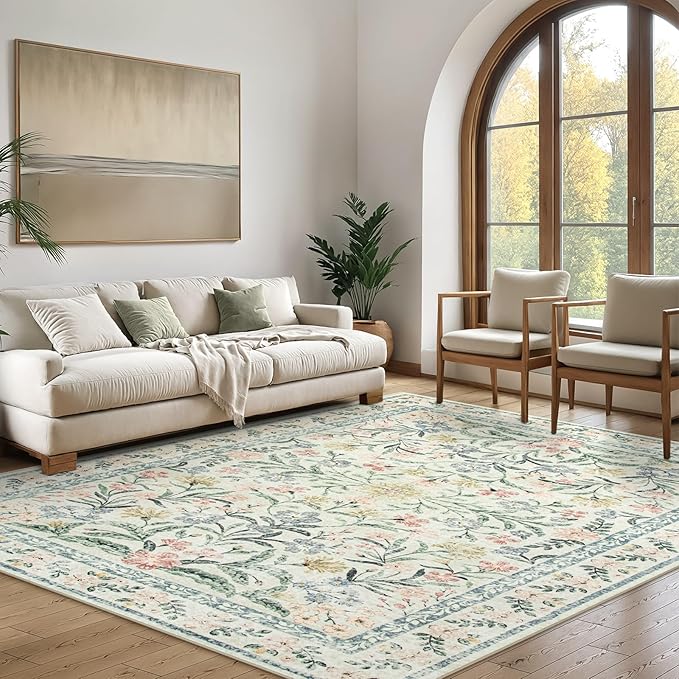 Wonnitar Large Rugs for Living Room, Soft Washable Floral 9x12 Area Rug for Bedroom, Boho Non-Shedding Foldable Carpet for Kids Playroom Apartment Home Decor-Ruum Studio Home