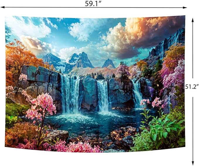 Delur Waterfall Tapestry Tropical Forest Mountain Sunset Tree Wall Hanging Tapestry Scenic Rainforest Landscape Nature Sunrise Headboard for Bedroom Living Room Home Decor (51.2" x 59.1")-Ruum Studio Home