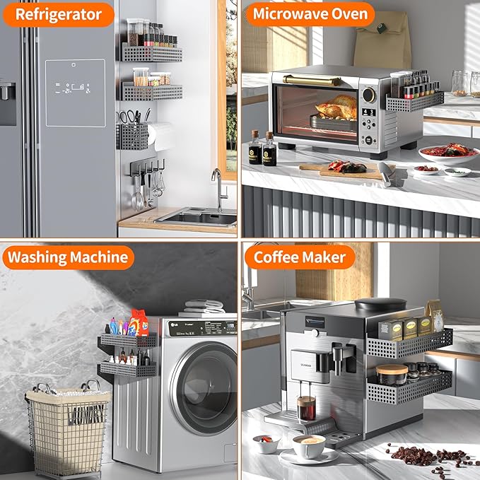 Magnetic Spice Rack for Refrigerator 2 Tiers and Paper Towel Holder and Utensil Holder, Magnetic Refrigerator Organizer, Strong Magnetic Fridge Shelf, Side Fridge Storage Rack for Kitchen-Ruum Studio Home