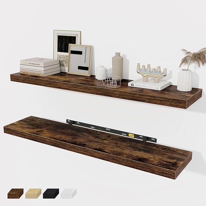 Floating Shelves Wall Shelf 40 Inch, 8 Inch Deep Floating Shelf for Wall, Farmhouse Black Wood Shelves Invisible Bracket for Living Room, Bedroom, Kitchen, 40 x 8 x 1.4 Inch, Set of 2, Rustic Brown-Ruum Studio Home