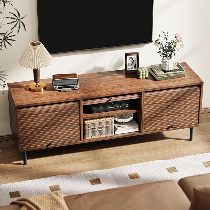 59 Inch TV Stand with Power Outlet for TVs up to 65 Inch, Entertainment Center with Storage, Mid-Century Modern TV Console, Adjustable Shelf & Sliding Doors, TV Stand for Living Room, Bedroom, Walnut-Ruum Studio Home