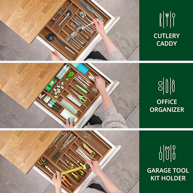ROYAL CRAFT WOOD Luxury Bamboo Kitchen Drawer Organizer - Silverware Organizer - Utensil Holder and Cutlery Tray with Grooved Drawer Dividers for Flatware and Kitchen Utensils (9 Slot, Brown Bamboo)-Ruum Studio Home