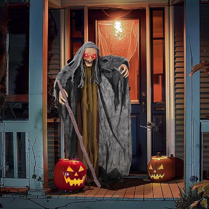AW Animated Halloween Decorations,Scary Witch with Crutch,5.3FT Life Size Standing Clown,Motion/Sound Activated LED Eyes Creepy Sound,Haunted House Props Party Outdoor Indoor Lawn Yard Patio 2025-Ruum Studio Home