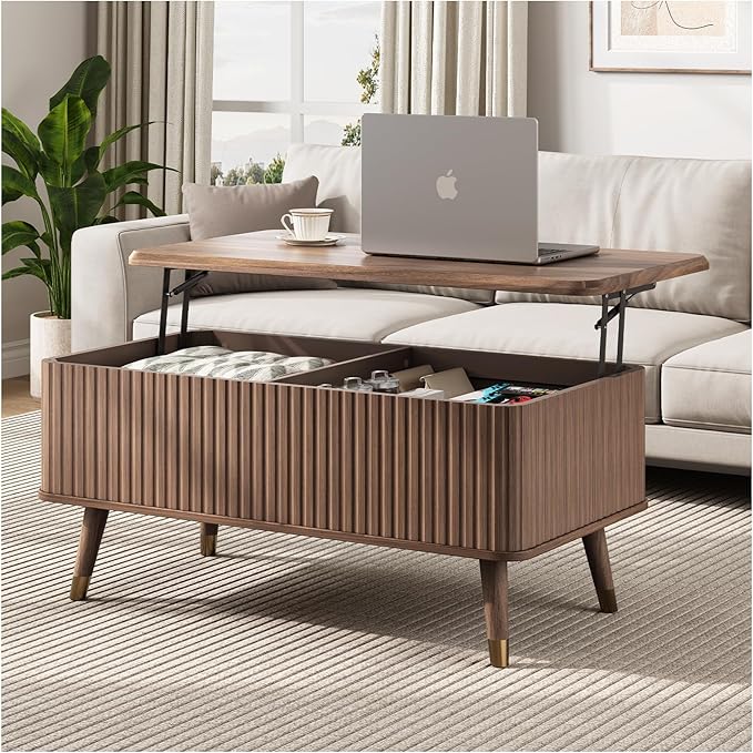 Lift Top Coffee Table with Storage,Mid Century Modern Coffee Table,Fluted Wood Rectangle Center Table for Living Room,Home Office,Walnut-Ruum Studio Home