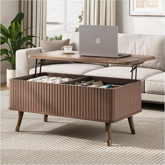 Lift Top Coffee Table with Storage,Mid Century Modern Coffee Table,Fluted Wood Rectangle Center Table for Living Room,Home Office,Walnut-Ruum Studio Home