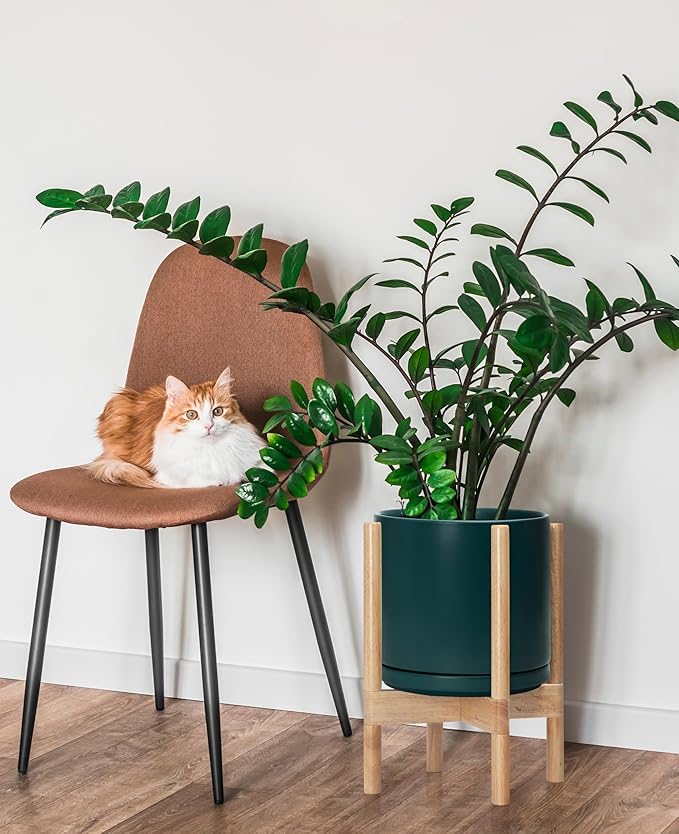 D'vine Dev Ceramic Planter with Natural Stand - 10 Inch Modern Round Flower Pot with Wood Planter Holder, Teal, 55-B-K-4-Ruum Studio Home