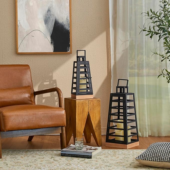 Glitzhome Set of 2 Modern Trapezoid Metal/Wood Decorative Lanterns,Large Candle Lanterns for Living Room,Home,Indoor, Outdoor,Table,Fireplace Mantle Decor -Black(No Glass)-Ruum Studio Home