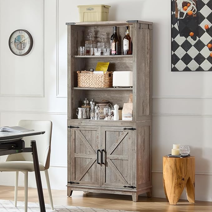70in Tall Bookshelf 5 Tier Bookcase with Barn Doors and Adjustable Shelves, Grey Farmhouse Book Shelf with Storage Cabinet, Wood Freestanding Display Bookshelves for Bedroom, Kitchen (2PCS)-Ruum Studio Home