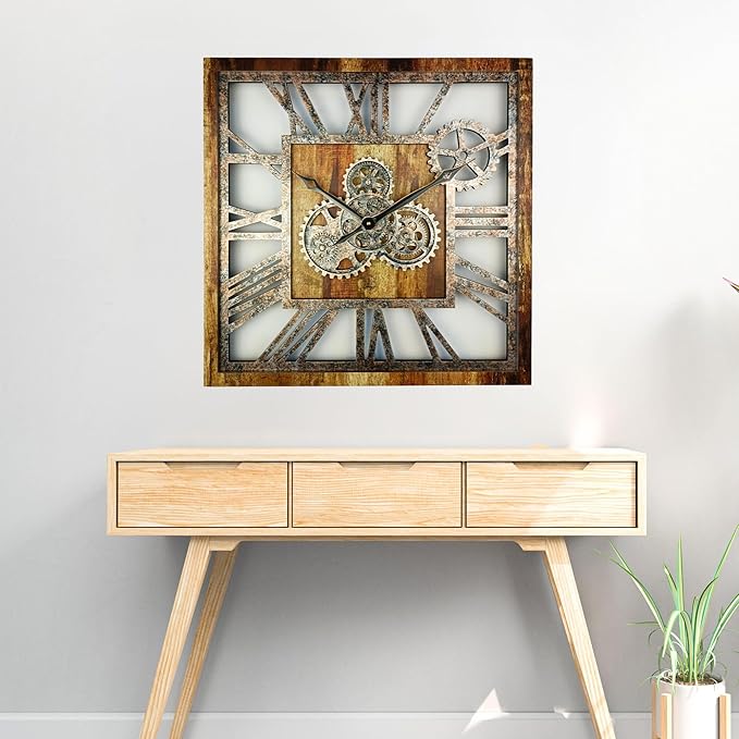 The Gears Clock 24'' Inch Square Real Moving Gear Wall Clock Vintage Industrial Oversized Rustic Farmhouse (Vintage Brown)-Ruum Studio Home