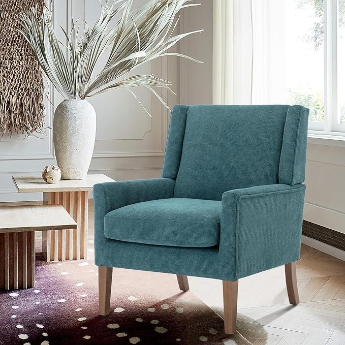 COLAMY Modern Wingback Living Room Chair, Upholstered Fabric Accent Armchair, Single Sofa Chair with Lounge Seat and Wood Legs for Bedroom/Office/Reading Spaces, Teal-Ruum Studio Home