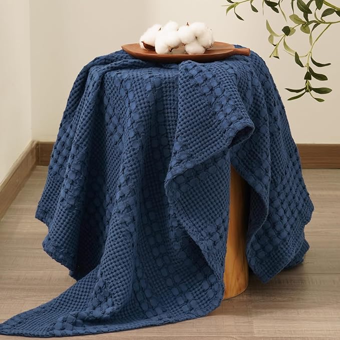 PHF 100% Cotton Waffle Weave Throw Blanket, Soft Lightweight Breathable Cozy Summer Throws for Couch Bed Sofa, Luxury Aesthetic Woven Blanket for Home Decor & Office, 50"x60", Bright Navy-Ruum Studio Home