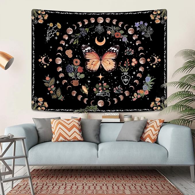 Fowocu Orange Butterfly Moon Flower Tapestry Boho Floral Plant Tapestries for Bedroom Aesthetic Tapastry's Wall Hanging Mandala Botanical Wall Tapestry for Living Room Dorm (Yellow, 80'' × 60'')-Ruum Studio Home
