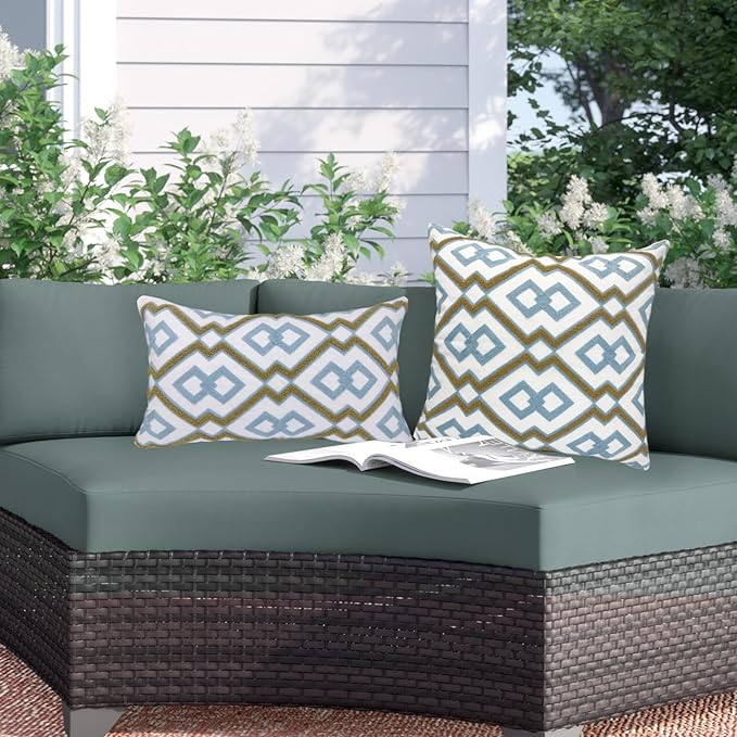 Alysheer Embroidered Decorative Throw Pillow Cover 18"x 18" Set of 2, Classic Boho Geometric Embroidery Pattern Cotton Rectangular Cushion Case for Sofa Couch Living Room Bedroom (Blue Khaki)-Ruum Studio Home