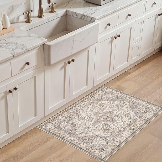 Washable Area Rugs for Living Room -2x3 Neutral Vintage Distressed Floral Farmhouse Boho Large Soft Floor Rug Indoor Non Slip Carpet for Bedroom Dining Room Office - Brown/Multi-Ruum Studio Home