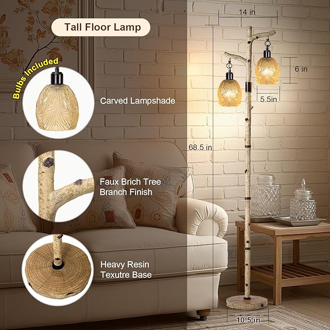 Scenekoy Retro 68.5” Tall Floor Lamp With Carving Shade, Farmhouse Resin Standing Lamp & Faux Birch Tree Finish, Dimmable Corner Lamp Stand Up Light with Bulb Prefer for Living Room Bedroom Home Decor-Ruum Studio Home