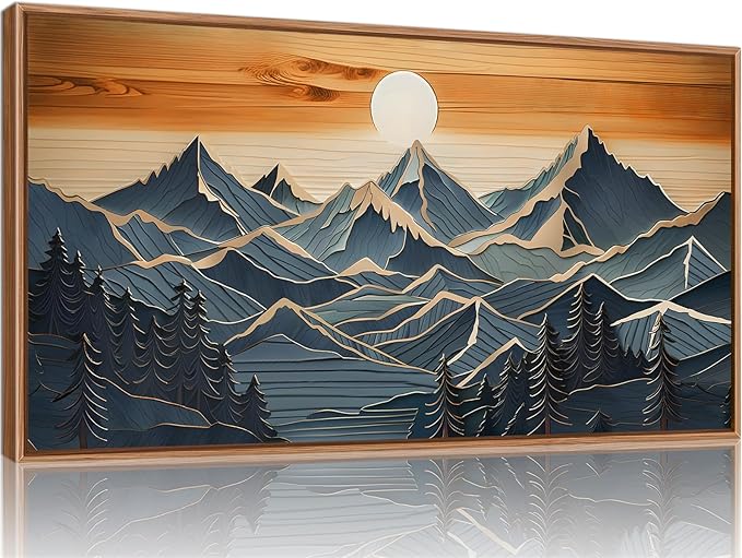 Tinonedraw Metal Mountain Framed Canvas Wall Art, Boho Mountains Forest Artworks, Mid Century Modern Blue Ridge Wall Decor, Vintage Nature Sunset Art Print for Living Room Bedroom Office 20"x40"-Ruum Studio Home