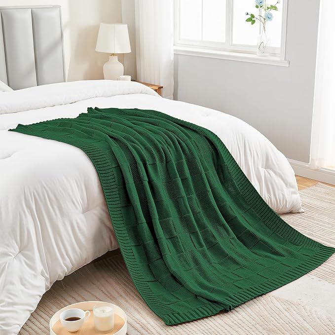 CozeCube Knit Throw Blanket, Green Checkered Throw for Couch, Soft Cozy Warm Knitted Blanket for Bed Sofa Living Room, 60"X80", Forest Green-Ruum Studio Home