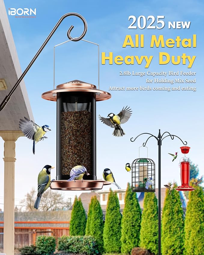 iBorn Bird Feeders for Outdoors, All Metal Mesh Tube, Holding Bird Seed for Outside Feeders,18cm Large Roof, Copper, 2.8lb(Seed is not Included)-Ruum Studio Home