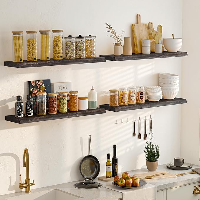 Wood Floating Shelves for Wall, 48 Inch Floating Shelves Wall Mounted, Rustic Live Edge Elm Wood Shelf for Home Decor, Heavy-Duty Storage Shelves for Books, Bathroom, Kitchen, Walnut Finish-Ruum Studio Home