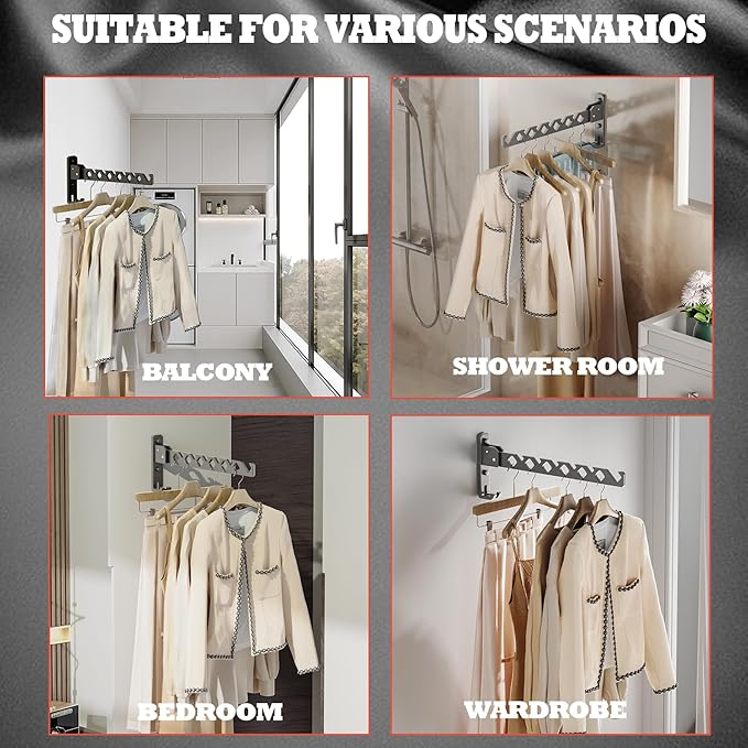 Dr.DJ Wall Mount Coat Hanger Holder Black Clothes Drying Organizer Rack Garment Hooks Aluminium Retractable Folding Indoor Wall Mounted Hanger Space Saver for Laundry Room Bedroom Black 2Pack-Ruum Studio Home
