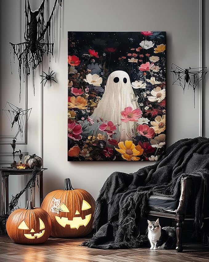 Halloween Canvas Wall Art,Vintage Cute Ghost & Wildflowers Framed Poster, Spooky Fall Decorations for Indoor, Gothic Dark Academia Wall Decor, Funny Halloween Decorations for Living Room Bedroom-Ruum Studio Home