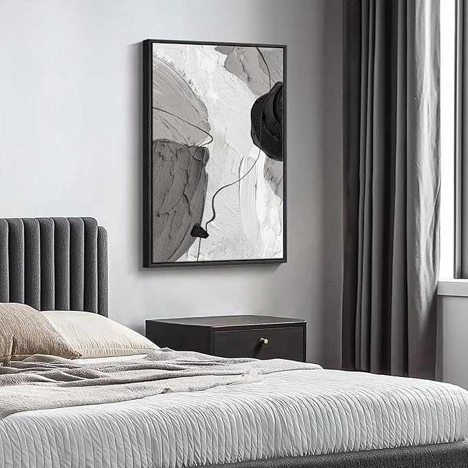 Framed Black and White Abstract Canvas Wall Art, Large Modern Art Prints Paintings Artwork for Walls, Minimalist Gray Pictures for Living Room Bedroom Dining Room Office Bathroom Wall Decor 24x36 In-Ruum Studio Home