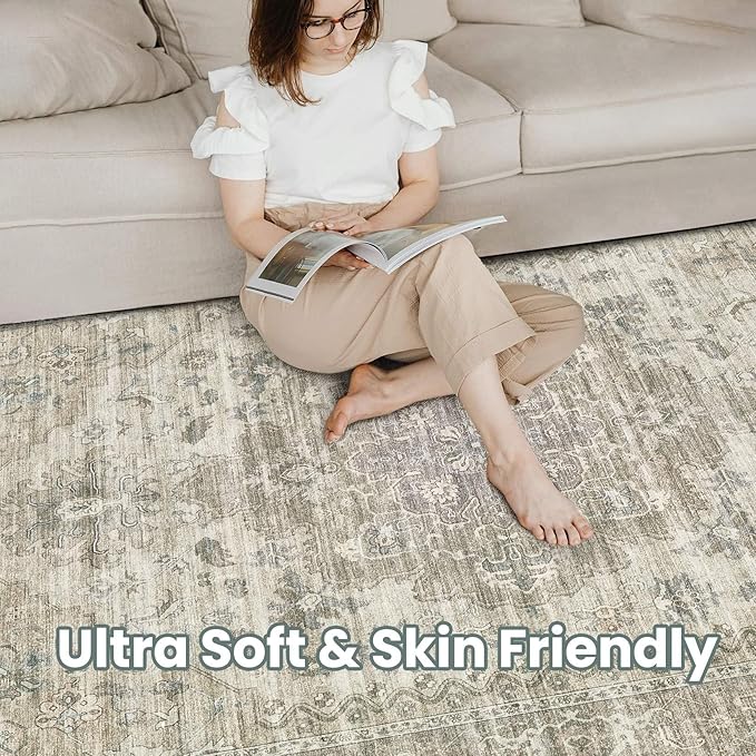 Washable Area Rugs for Living Room - 5x7 Neutral Vintage Distressed Floral Farmhouse Boho Large Soft Floor Rug Indoor Non Slip Carpet for Living Room Bedroom Dining Room Office - Brown/Tan-Ruum Studio Home