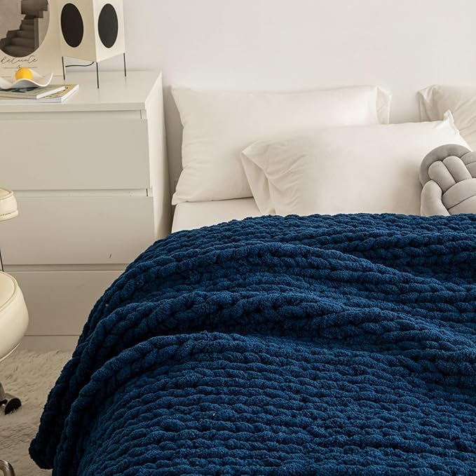 WESHIONGOO Chunky Knit Blanket Throw 40"*40" Knitted Throw Blankets for Couch Bed Fluffy Soft Blanket with Jumbo Chenille Yarn Thick 100% Handmade(Navy Blue)-Ruum Studio Home