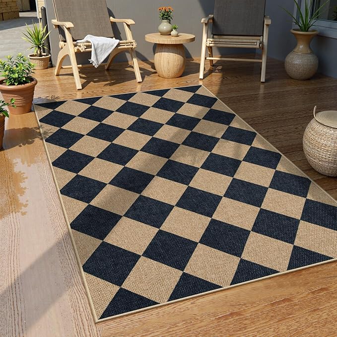 Lahome Checkered Easy Jute 3x5 Outdoor Patio Rug, Washable Rugs for Entryway Diamond Indoor Outdoor Living Room Carpet, Farmhouse Neutral Non Slip Black Door Carpet for Backyard Bedroom-Ruum Studio Home