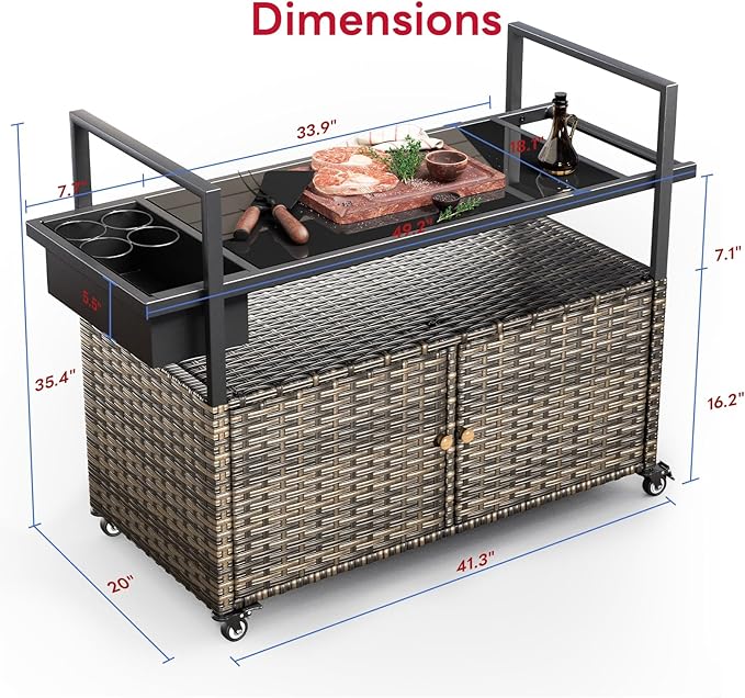Outdoor Bar Cart with Storage Cabinet, Patio Bar Table with Tempered Glass Tabletop, Outdoor Serving Grill Cart with Rolling Wheels, Rattan Bar Cart for Patio, Backyard, Grey Wicker-Ruum Studio Home